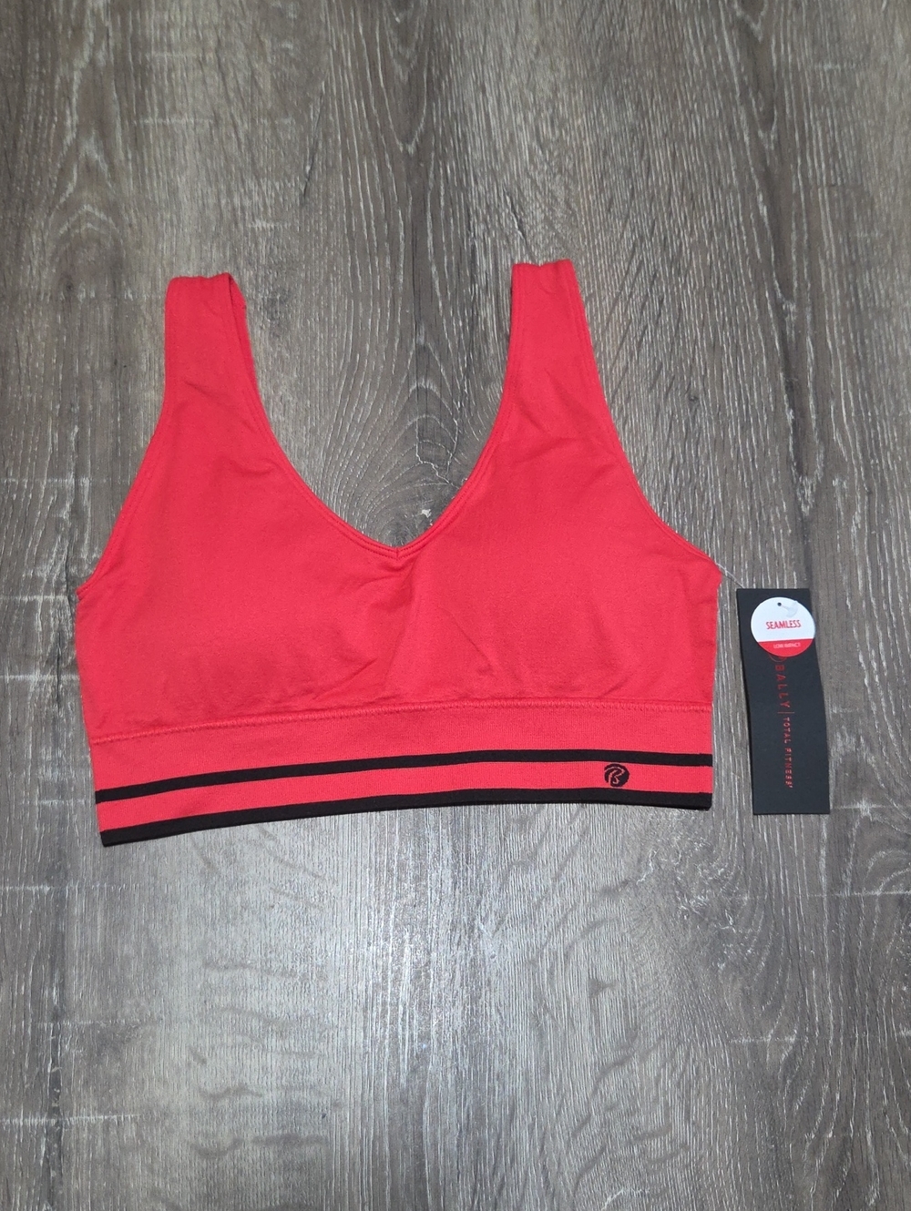 NEW! Bally Total Fitness Neon Hibiscus Red Seamless Sports Bralette Black Stripe